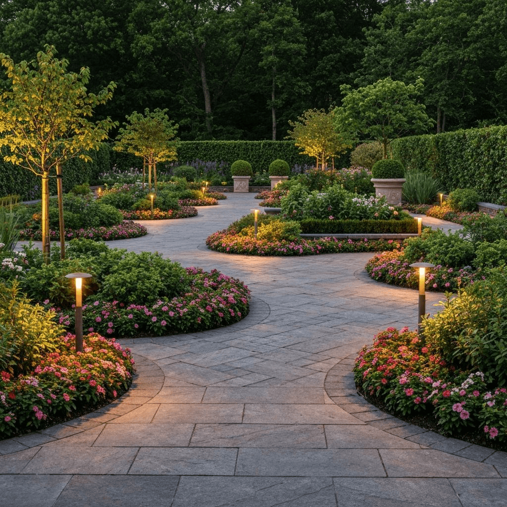 Landscaped garden with stone paving and an outdoor seating area